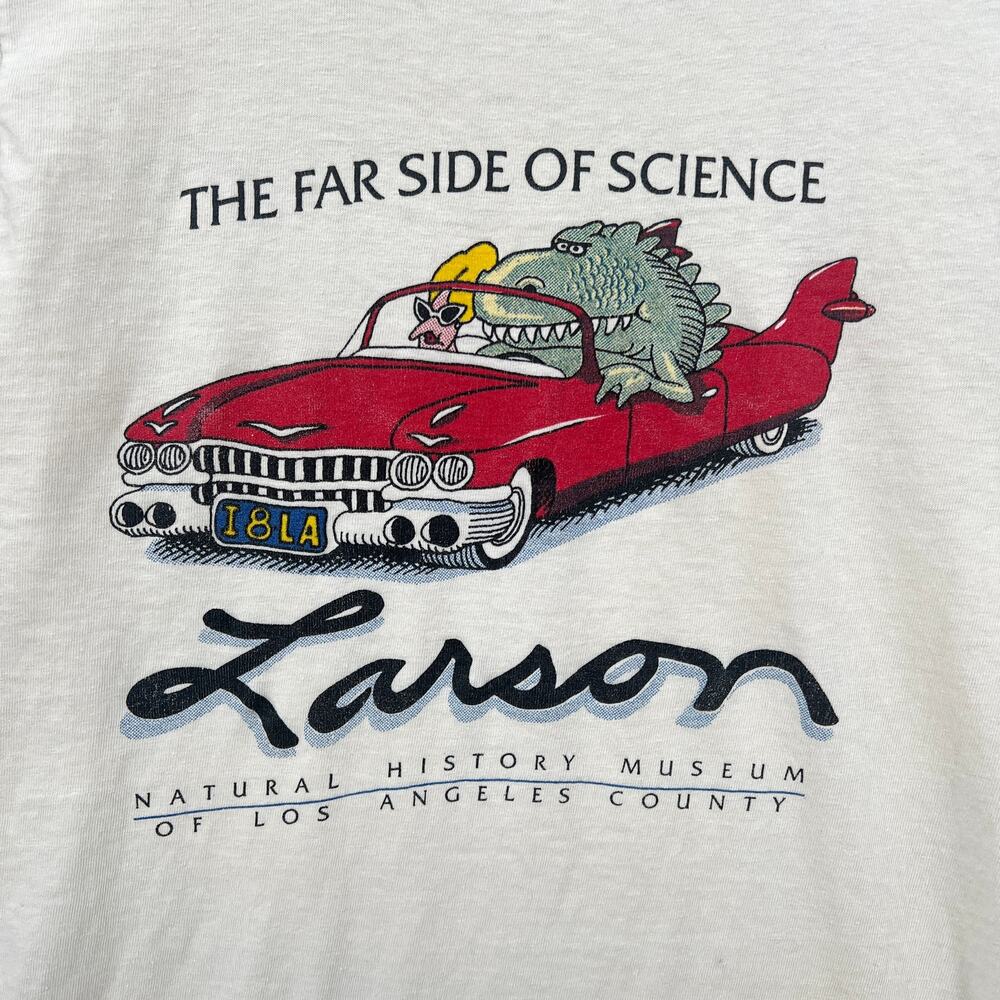 VINTAGE Far Side Larsen Short Sleeve Tee Mens S White Natural History Museum - Picture 7 of 11
